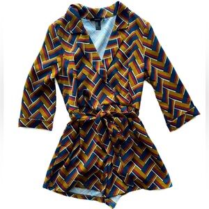 NWOT Forever 21 gold blue & burgundy chevron romper retro 70s style. Size M